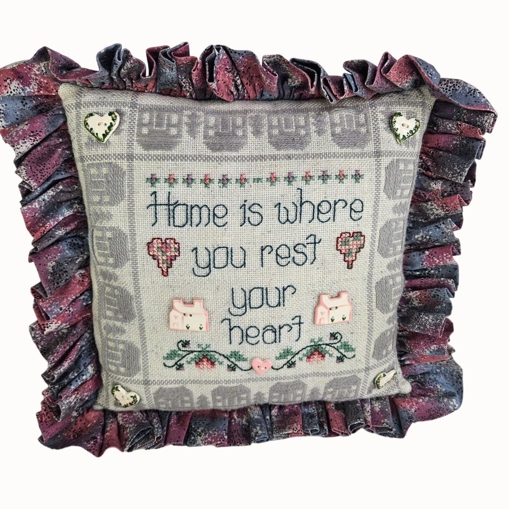 Shepherds Bush Home Heart Cross Stitch COMPLETED Pillow Buttons Family Stitching